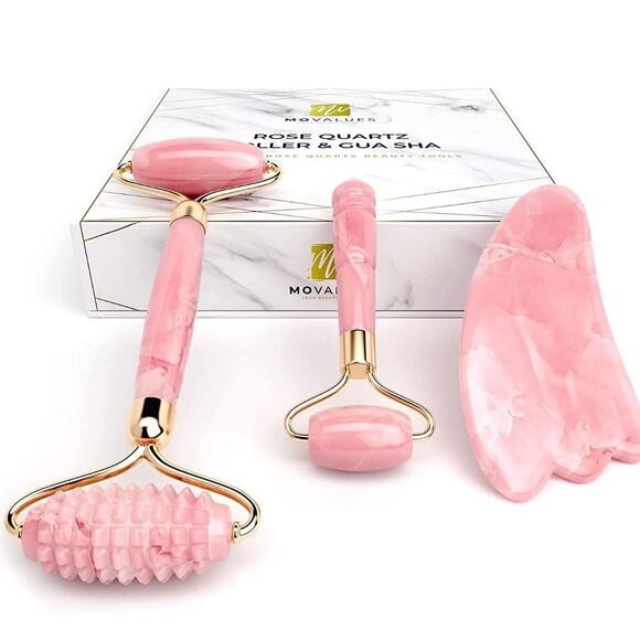 2 Brazilian Rose Quartz Crystal High Quality Facial Rollers Massagers + Gua Sha - Picture 2 of 10